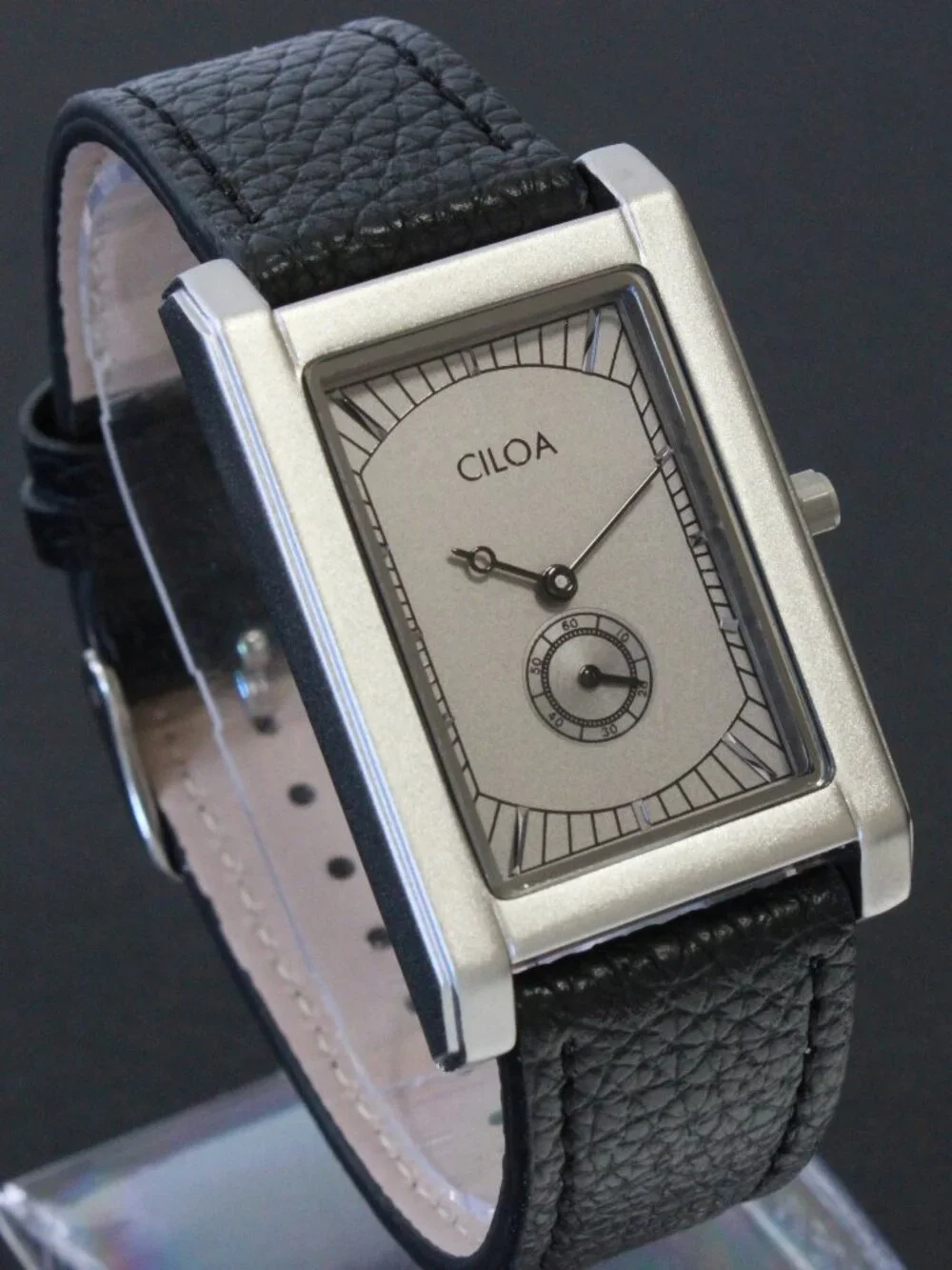 Men's Quartz Tank Style Watch Small Seconds Sub Dial Black Leather 28mm X 43mm